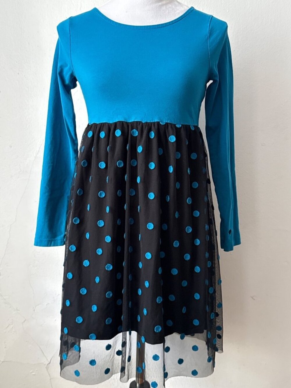 Hanna Andersson blue and black polka-dotted long-sleeve tutu dress Sz 150 Sz 12